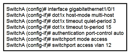   Refer to the exhibit. An engineer configured wired 802.1x on the network and is unable to get a laptop to authenticate. Which port configuration is missing? A)  dot1x reauthentication B)  cisp enable C)  dot1x pae authenticator D)  authentication open