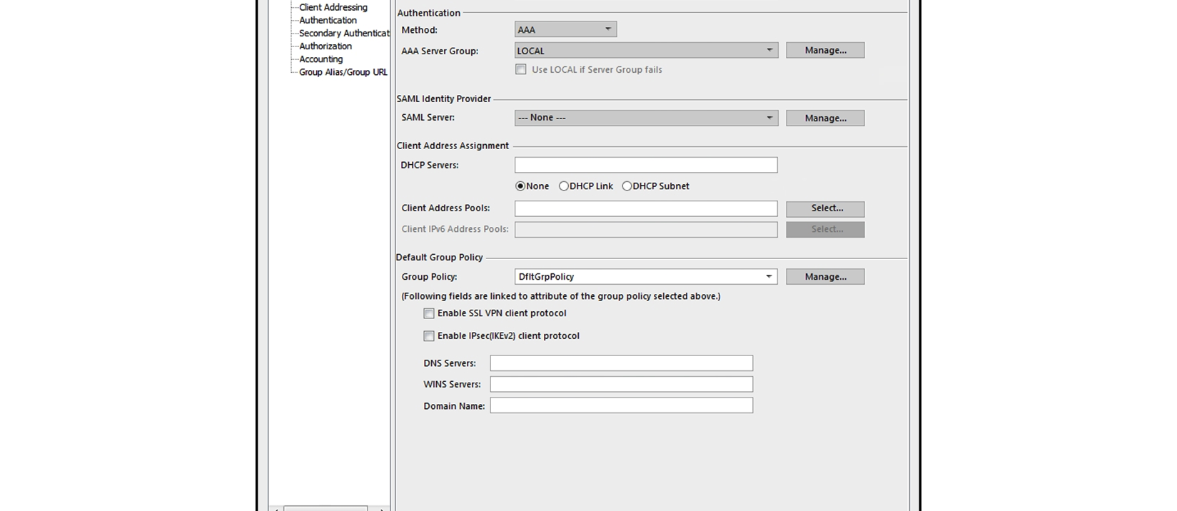   Refer to the exhibit. When configuring a remote access VPN solution terminating on the Cisco ASA, an administrator would like to utilize an external token authentication mechanism in conjunction with AAA authentication using machine certificates. Which configuration item must be modified to allow this? A)  Method B)  SAML Server C)  AAA Server Group D)  Group Policy