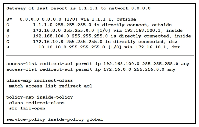   Refer to the exhibit. What is a result of the configuration? A)  Traffic from the DMZ network is redirected. B)  Traffic from the inside network is redirected. C)  All TCP traffic is redirected. D)  Traffic from the inside and DMZ networks is redirected.