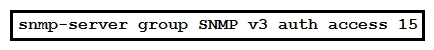   Refer to the exhibit. What does the number 15 represent in this configuration? A)  privilege level for an authorized user to this router B)  access list that identifies the SNMP devices that can access the router C)  interval in seconds between SNMPv3 authentication attempts D)  number of possible failed attempts until the SNMPv3 user is locked out