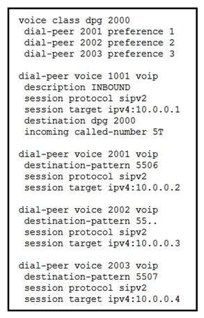   Refer to the exhibit. A Cisco UCM user with directory number 4401 dials 5507, and the call is routed to a Cisco Unified Border Element. Which IP address will the call be sent to? A)  10.0.0.2 B)  10.0.0.3 C)  10.0.0.4 D)  10.0.0.1