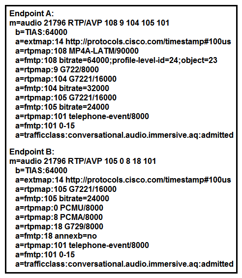  Refer to the exhibit. Endpoint A calls endpoint B. What is the only audio codec that can be used for the call? A)  Telephone-event/8000 B)  G7221/16000 C)  PCMA/8000 D)  G722/8000