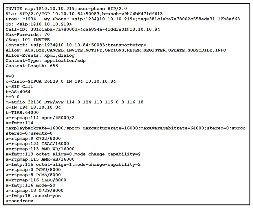   Refer to the exhibit. When a UC Administrator is troubleshooting DTMF negotiated by this SIP INVITE, which two messages should be examined next to further troubleshoot the issue? (Choose two.)  A)  REGISTER B)  UPDATE C)  PRACK D)  NOTIFY E)  SUBSCRIBE