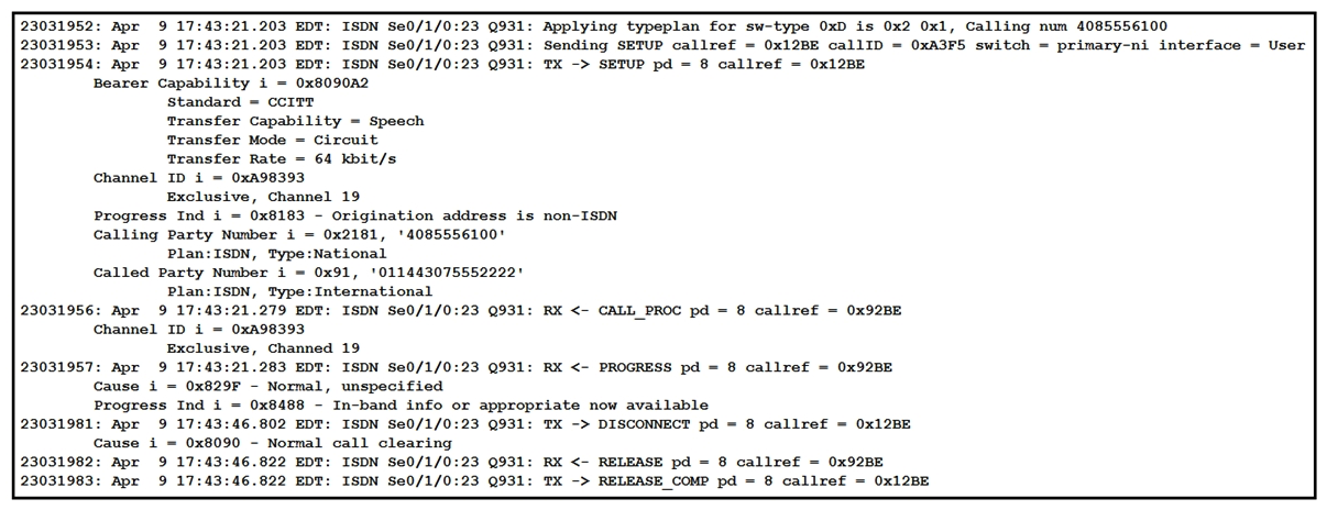   Refer to the exhibit. A call to an international number has failed. Which action corrects this problem? A)  Add the bearer-cap speech command to the voice port. Add the bearer-cap speech command to the voice port. B)  Strip the leading 011 from the called party number. C)  Assign a transcoder to the MRGL of the gateway. D)  Add the isdn switch-type primary-dms100 command to the serial interface. isdn switch-type primary-dms100 command to the serial interface.