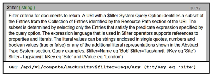   Refer to the exhibit. An Intersight API is being used to query RackUnit resources that have a tag keyword set to  Site . What is the expected output of this command? A)  list of all resources that have a tag with the keyword  Site  B)  error message because the Value field was not specified C)  error message because the tag filter should be lowercase D)  list of all sites that contain RackUnit tagged compute resources