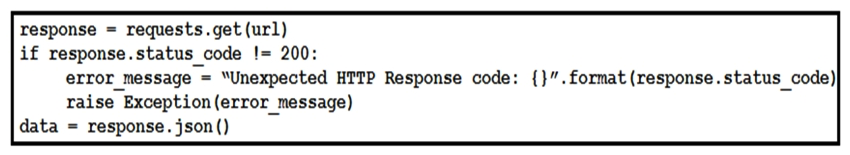   Refer to the exhibit. This snippet of a script has recently started exiting abnormally with an exception stating   Unexpected HTTP Response code: 429  . Which solution handles rate limiting by the remote API? A)    B)    C)    D)   