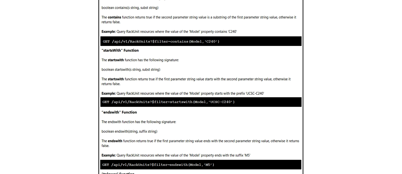 Click on the GET Resource button above to view resources that will help with this question.       An engineer is managing a DC with 6000 Cisco UCS servers installed and running. The engineer has been asked to identify all resources where the model is in the UCSB family and the available memory is less than or equal to 5 GB. Which REST API call accomplishes this task? A)  GET/api/v1/compute/RackUnits?$select=Vendor,Model,Serial&$filter=not(Model eq 'UCSC')  and AvailableMemory le 5000 B)  GET/api/v1/compute/RackUnits?$select=Vendor,Model,Serial&$filter=Model eq 'UCSB' and AvailableMemory lt 5000 C)  GET/api/v1/compute/RackUnits?$select=Vendor,Model,Serial&$filter=contains(Model, UCSB')  and AvailableMemory lt 5000 D)  GET/api/v1/compute/RackUnits?$select=Vendor,Model,Serial&$filter=contains(Model, UCSB')  and AvailableMemory le 5000