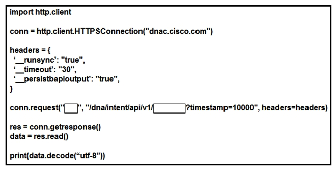   Refer to the exhibit. Which configuration of method and parameter retrieves the health of a laptop connected to the network from Cisco DNA Center? A)  PUT; network-health; B)  GET; client-health; C)  GET; network-device; D)  POST; network-device;