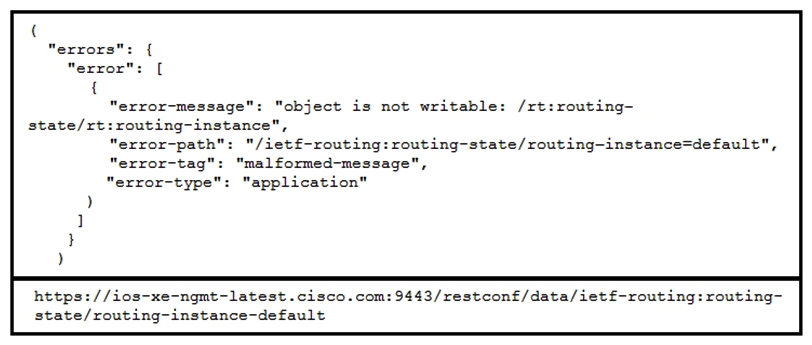   Refer to the exhibits above and click on the IETF Routing tab in the top left corner to help with this question. A developer is trying to update the routing instance by adding a new route to the routes list using the URL in the exhibit. What action must be taken to fix the error being received? A)  Fix the body being sent to update the routes list B)  Change the HTTP Method being used to make the change C)  Change the url to  /ietf-routing:routing/routing-instance=default  D)  Update the authorization credentials E)  Change the URL to  /ietf-routing:routing-instance/default 