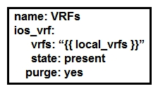   Refer to the exhibit. The YAML represented is using the ios_vrf module. As part of the Ansible playbook workflow, what is the result when this task is run? A)  VRFs not defined in the host_vars file are removed from the device. B)  VRFs not defined in the host_vars file are added to the device, and any other VRFs on the device remain. C)  VRFs defined in the host_vars file are removed from the device. D)  VRFs are added to the device from the host_vars file, and any other VRFs on the device are removed.