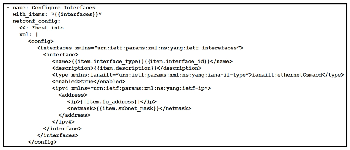   Refer to the exhibit. As part of the Ansible playbook workflow, several new interfaces are being configured using the netconf_config module. The task references the interface variables that are unique per device. In which directory is the YAML file with these variables found? A)  host_vars directory B)  home directory C)  group_vars directory D)  current working directory