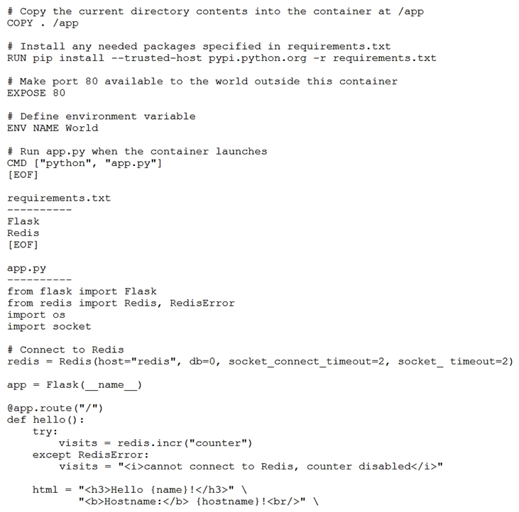   Refer to the exhibit. The command docker build --tag=friendlyhello . is run to build a docker image from the given Dockerfile, reguirements.txt, and app.py. Then the command docker run -p 4000:80 friendlyhello is executed to run the application. Which URL is entered in the web browser to see the content served by the application? A)  http://127.0.0.1:80 B)  http://4000:80 C)  http://localhost:4000 D)  http://localhost:80