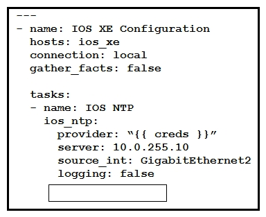   Refer to the exhibit. Which key value pair from the ios_ntp Ansible module creates the NTP server peer? A)  state: absent B)  state: False C)  config: absent D)  config: False