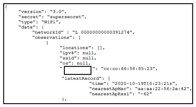   Refer to the exhibit. The JSON response is received from the Meraki location API. Which parameter is missing? A)  apMac B)  clientMac C)  clientId D)  accesspoint