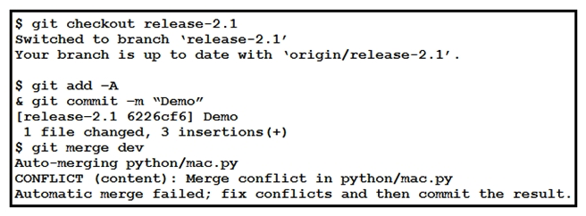  Refer to the exhibit. Which command resolves the merge conflict by removing the previous commit from the commit history? A)    B)    C)    D)   