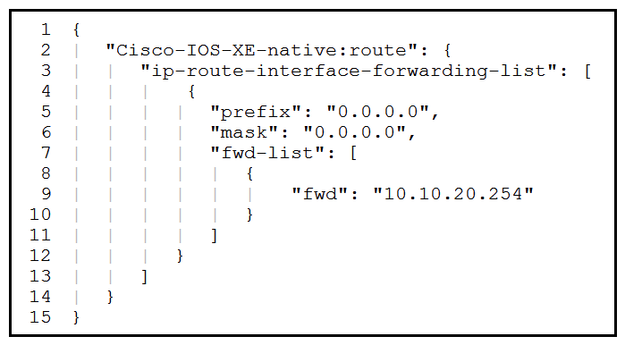   Refer to the exhibit. The information in the exhibit was obtained by using RESTCONF and querying URI /restconf/data/native/ip/route. Which RESTCONF call and which JSON code is used to add a new IP route to a network of 172.30.200.0/24 through the GigabitEthernet2 interface? (Choose two.)  A)    B)    C)    D)    E)   