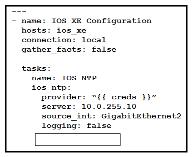   Refer to the exhibit. Which key value pair from the ios_ntp Ansible module removes the NTP server peer? A)  state: absent B)  state: False C)  config: absent D)  config: False