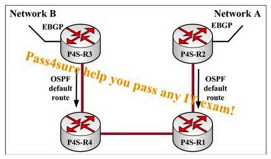 P4S-R2 and P4S-R3 are learning Network A and Network B through EBGP peering sessions as shown in the figure. P4S-R2 and P4S-R3 are also configured to peer by use of IBGP, and they are both advertising default routes through OSPF. Network A is not able to reach destinations on Network A; which step should be takes to solve this problem?   A)  Create a tunnel between P4S-R2 and P4S-R3. B)  Create static default routes pointing from P4S-R1 and P4S-R4 to P4S-R2 and P4S-R3, respectively. C)  Convert P4S-R3 and P4S-R2 to ABRs so that P4S-R1 and P4S-R4 can choose the closest ABR to exit the network. D)  Create a tunnel between P4S-R2 and P4S-R4.