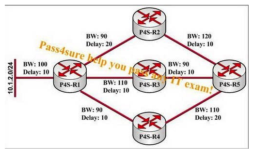 You are a network administrator for the P4S company, study the exhibit carefully. You are responsible for this small EIGRP network and you want to change the primary path from P4S-R5 to 10.1.2.0/24 so it passes through P4S-R2. How to modify the EIGRP metrics to change the path in this way?   A)  decrease the bandwidth on the link between P4S-R5 and P4S-R4 to 90; increase the delay on the same link to 25 B)  increase the delay on the link between P4S-R5 and P4S-R3 to 25 C)  increase the delay on the link between P4S-R5 and P4S-R4 to 30; increase the delay on the link between P4S-R5 and P4S-R3 to D)  increase the bandwidth on the link between P4S-R5 and P4S-R2 to 130; decrease the delay on the same link to 5