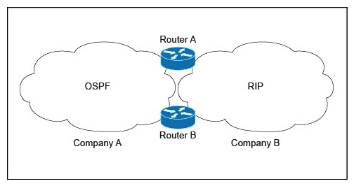 Refer to the exhibit.   Company A is running a single-area OSPF, and Company B is running RIP as the IGP with no overlapping IP address spaces. Company A has just acquired Company B and both networks must be merged. Which three design components are recommended to guarantee connectivity and redundancy between the two networks? (Choose three.)  A)  Enable mutual redistribution between OSPF and RIP on one border router. B)  Enable mutual redistribution between OSPF and RIP on Router A and Router B using route tags. C)  Increase the administrative distance to 130 for the OSPF external prefixes on Router A and Router B. D)  Implement an ACL on Router A and Router B to prevent OSPF external routes from being installed in the OSPF database. E)  Filter external routes on Router A and Router B based on route tags.