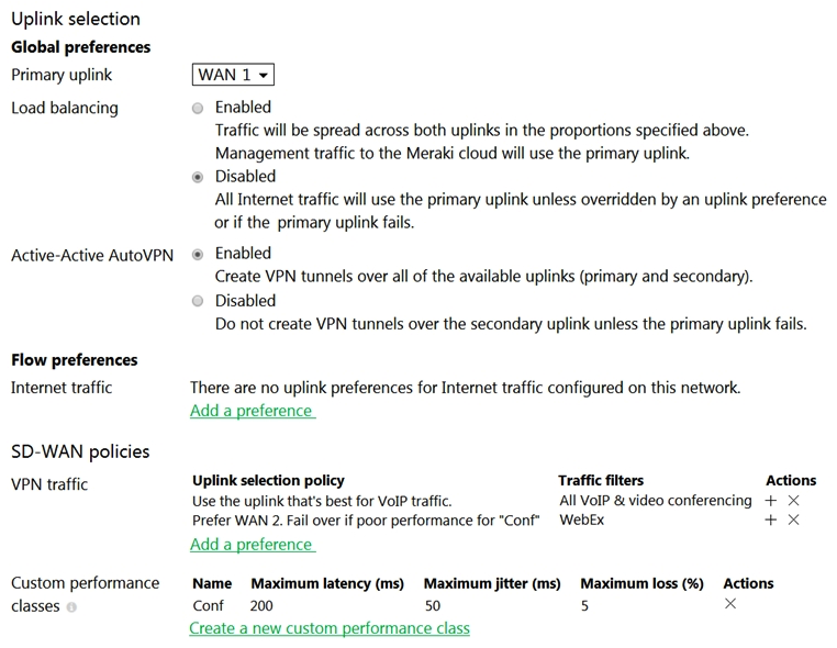   Refer to the exhibit. Assuming this MX has established a full tunnel with its VPN peer, how will the MX route the WebEx traffic? A)  WebEx traffic will prefer WAN 2 as long as it meets the thresholds in the  Conf  performance class. B)  WebEx traffic will prefer WAN 1 as it is the primary uplink. C)  WebEx traffic will prefer WAN 2 as long as it is up. D)  WebEx traffic will be load-balanced between both active WAN links.