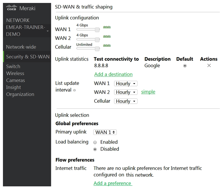   Refer to the exhibit. Which two actions are required to optimize load balancing asymmetrically with a 4:1 ratio between links? (Choose two.)  A)  Change the primary uplink to  none . B)  Add an internet traffic preference that defines the load-balancing ratio as 4:1. C)  Enable load balancing. D)  Set the speed of the cellular uplink to zero. E)  Change the assigned speeds of WAN 1 and WAN 2 so that the ratio is 4:1.