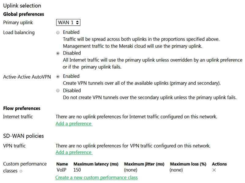   Refer to the exhibit. What does the MX Security Appliance send to determine whether VPN traffic exceeds the configured latency threshold in the VoIP custom performance class? A)  1000-byte TCP probes every second, through VPN tunnels that are established over the primary WAN link. B)  100-byte UDP probes every second, through VPN tunnels that are established over every WAN link. C)  100-byte UDP probes every second, through VPN tunnels that are established over the primary WAN link. D)  1000-byte TCP probes every second, through VPN tunnels that are established over every WAN link.