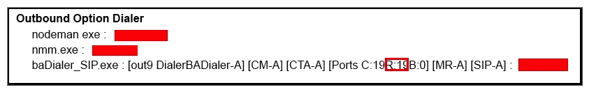 Refer to the exhibit.   In a Cisco Unified Contact Center Enterprise 10.0 Outbound Option with SIP dialer, you check the status of the Dialer process from Diagnostic Framework Portico. What does the circled message  R  represent? A)  customer instance name B)  telephony port status C)  configured ports D)  ready ports E)  reserved ports