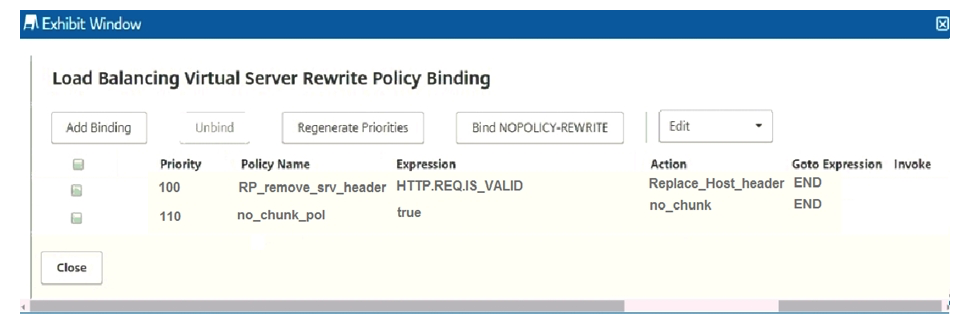 <strong>A Citrix Administrator complains that between the two rewrite policies bound to the vserver, only one policy, whichever has lower priority, works. The other policy is never used. Click the 'Exhibit' button to view the screenshot of the relevant policy binding. What is the cause of the issue?</strong> A) The Invoke label is NOT configured. B) GotoExpression value for Policy RP_remove_srv_header is configured as 'END'. C) The Policy expression of the no_chunk_pol is 'true' and 'NOT HTTP.REQ.IS_VALID'. D) The Priority of the no_chunk_pol is a higher numeric value than 100.
