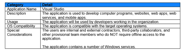 Scenario: A Citrix Architect is designing a new Citrix Virtual Apps and Desktops environment. The customer previously installed all applications locally on managed laptops and desktops, but is willing to evaluate other application delivery methods as part of the new deployment. The environment will be standardized on Windows 10 for the Virtual Delivery Agent (VDA)  machines. As part of an application analysis performed earlier in the project, the information in the exhibit was collected regarding 1 of the required applications. Click the Exhibit button to view the information.   The customer's security policies mandate that all development software must run within the corporate data center, but should appear to the user as if it is running locally on the virtual machine (VM) . How should the architect recommend deploying the application? A)  Use Desktop OS machines to deliver VM hosted applications. B)  Install it directly on the endpoint devices, and include it in a virtual desktop session using the Local App Access feature. C)  Install it in an Application Layer using Citrix App Layering, then present it to users as an Elastic Layer during a virtual a virtual desktop session. D)  Stream it to a VDA machine using Microsoft App-V, and access it through a virtual desktop session. E)  Push it to users with a Workspace Environment Management (WEM)  action option.