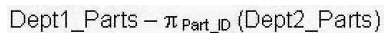 Consider the following table as well as the Dept1_Parts and Dept2_Parts relations shown in the exhibit: Which of the following relational algebraic expressions would result in the given table?       A)  Option A B)  Option B C)  Option C D)  Option D
