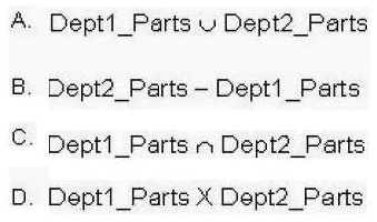 Consider the following table as well as the Dept1_Parts and Dept2_Parts relations shown in the exhibit: Which of the following relational algebraic expressions would result in the given table?       A)  Option A B)  Option B C)  Option C D)  Option D