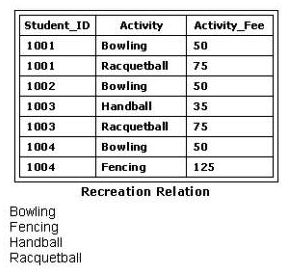 Consider the Recreation relation shown in the exhibit. You need to apply a SQL statement to the Recreation relation that will return the following data: Which SQL statement applied to the Recreation relation will return this data?   A)  SELECT Activity FROM Recreation; B)  SELECT DISTINCT Activity FROM Recreation; C)  SELECT Activity FROM Recreation WHERE NOT LIKE Activity; D)  WHERE DISTINCT Activity;