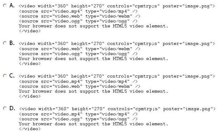 Which code is best for embedding video into an HTML5 page?   A)  Option A B)  Option B C)  Option C D)  Option D