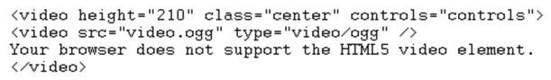 Matthew has embedded a video in his Web page using the HTML5 video format. The video is not rendering properly. He asks Arlene to help determine the problem, so she reviews his code, which appears as follows:   What is wrong with this code? A)  The ogg video format is not supported by HTML5. B)  One of the video tag instances has not been properly closed. C)  The browser plug-in information required to view the video is missing. D)  The second instance of the <video> element should be replaced with the <source> element.