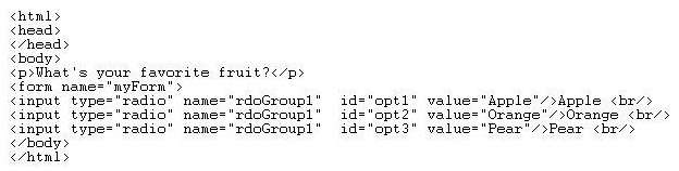 <strong>Consider the following code:   Which statement could be used to determine the value of the first radio button?</strong> A) document.rdoGroup1.value B) document.myForm.rdoGroup1[0].value C) document.getElementById(rdoGroup1).value D) document.getElementById(rdoGroup1).value <div style=padding-top: 35px> 