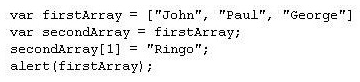 <strong>Consider the following code: What is the output when you run this script in the browser?</strong> A) An alert box displaying the following: John, Paul, George, Ringo B) An alert box displaying the following: Ringo, John, Paul, George C) An alert box displaying the following: Ringo, Paul, George D) An alert box displaying the following: John, Ringo, George