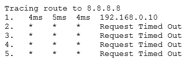 A technician is trying to identify the reason why a user, who has a static IP address, is unable to browse the Internet. The technician runs the ipconfig command and gets the following:   The technician then runs the tracert 8.8.8.8   Which of the following is the MOST likely issue the user is having? A)  There is a problem with a network router. B)  The wrong subnet mask is configured. C)  There is a problem with a network switch. D)  The user has an APIPA IP address configured.