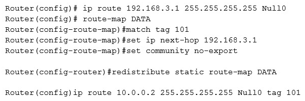 <strong>A server (10.0.0.2) on the corporate network is experiencing a DoS from a number of marketing desktops that have been compromised and are connected to a separate network segment. The security engineer implements the following configuration on the management router: Which of the following is the engineer implementing?</strong> A) Remotely triggered black hole B) Route protection C) Port security D) Transport security E) Address space layout randomization