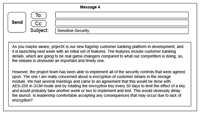 Click on the exhibit buttons to view the four messages.           A security architect is working with a project team to deliver an important service that stores and processes customer banking details. The project, internally known as ProjectX, is due to launch its first set of features publicly within a week, but the team has not been able to implement encryption-at-rest of the customer records. The security architect is drafting an escalation email to senior leadership. Which of the following BEST conveys the business impact for senior leadership? A)  Message 1 B)  Message 2 C)  Message 3 D)  Message 4
