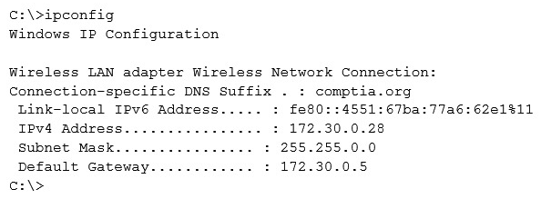 Given the following output from a local PC:   Which of the following ACLs on a stateful host-based firewall would allow the PC to serve an intranet website? A)  Allow 172.30.0.28:80 -> ANY B)  Allow 172.30.0.28:80 -> 172.30.0.0/16 C)  Allow 172.30.0.28:80 -> 172.30.0.28:443 D)  Allow 172.30.0.28:80 -> 172.30.0.28:53