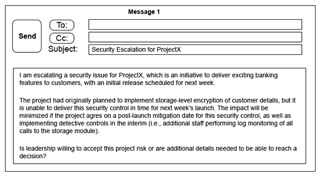 Click on the exhibit buttons to view the four messages.         A security architect is working with a project team to deliver an important service that stores and processes customer banking details. The project, internally known as ProjectX, is due to launch its first set of features publicly within a week, but the team has not been able to implement encryption-at-rest of the customer records. The security architect is drafting an escalation email to senior leadership. Which of the following BEST conveys the business impact for senior leadership? A)  Message 1 B)  Message 2 C)  Message 3 D)  Message 4