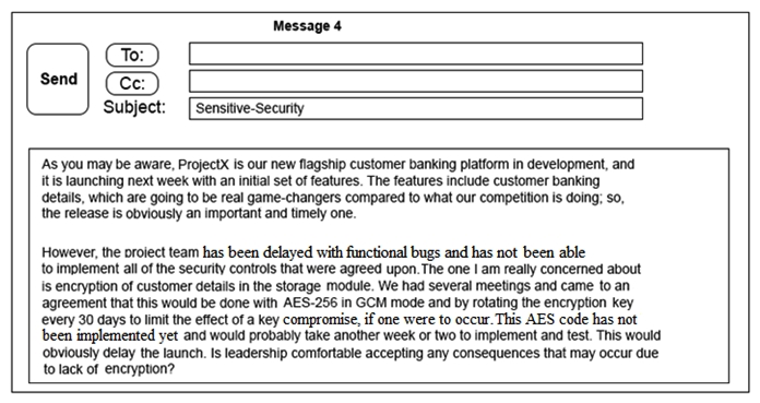 Click on the exhibit buttons to view the four messages.         A security architect is working with a project team to deliver an important service that stores and processes customer banking details. The project, internally known as ProjectX, is due to launch its first set of features publicly within a week, but the team has not been able to implement encryption-at-rest of the customer records. The security architect is drafting an escalation email to senior leadership. Which of the following BEST conveys the business impact for senior leadership? A)  Message 1 B)  Message 2 C)  Message 3 D)  Message 4