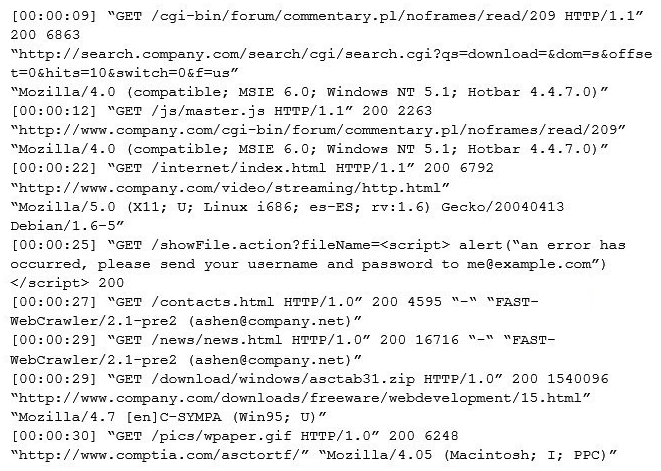 An internal penetration tester was assessing a recruiting page for potential issues before it was pushed to the production website. The penetration tester discovers an issue that must be corrected before the page goes live. The web host administrator collects the log files below and gives them to the development team so improvements can be made to the security design of the website.   Which of the following types of attack vectors did the penetration tester use? A)  SQL injection B)  CSRF C)  Brute force D)  XSS E)  TOC/TOU