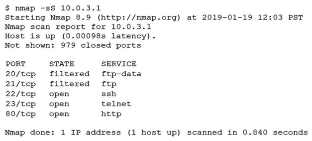 An analyst performs a routine scan of a host using Nmap and receives the following output:   Which of the following should the analyst investigate FIRST? A)  Port 21 B)  Port 22 C)  Port 23 D)  Port 80