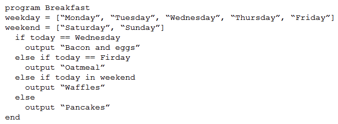 Given the following pseudocode:   If the Breakfast program ran on Sunday, which of the following would be the output? A)  Oatmeal B)  Bacon and eggs C)  Waffles D)  Pancakes