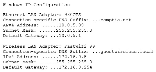 An office user cannot access local network drives but has full access to the Internet. A technician troubleshoots the issue and observes the following output of the ipconfig command:   Which of the following would MOST likely allow the network drives to be accessed? A)  Update the WLAN adapter driver B)  Disable the WLAN adapter C)  Check the wireless DHCP configuration D)  Disable the LAN adapter