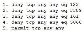 A network manager is reviewing recent changes after learning the network health metrics are no longer being protected. The manager discovers the ACL has been updated to the following:   Which of the following lines in the ACL points to the issue? A)  Line 1 B)  Line 2 C)  Line 3 D)  Line 4 E)  Line 5