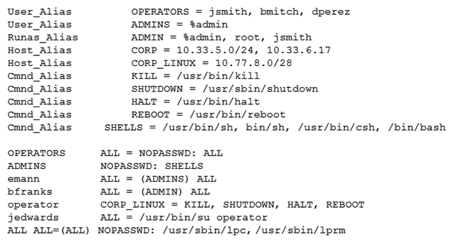 During the exploitation phase of a penetration test, a vulnerability is discovered that allows command execution on a Linux web server. A cursory review confirms the system access is only in a low-privilege user context: www-data . After reviewing, the following output from /etc/sudoers:   Which of the following users should be targeted for privilege escalation? A)  Only members of the Linux admin group, OPERATORS, ADMINS, jedwards, and operator can execute privileged commands useful for privilege escalation. B)  All users on the machine can execute privileged commands useful for privilege escalation. C)  Bfranks, emann, members of the Linux admin group, OPERATORS, and ADMINS can execute commands useful for privilege escalation. D)  Jedwards, operator, bfranks, emann, OPERATOR, and ADMINS can execute commands useful for privilege escalation.